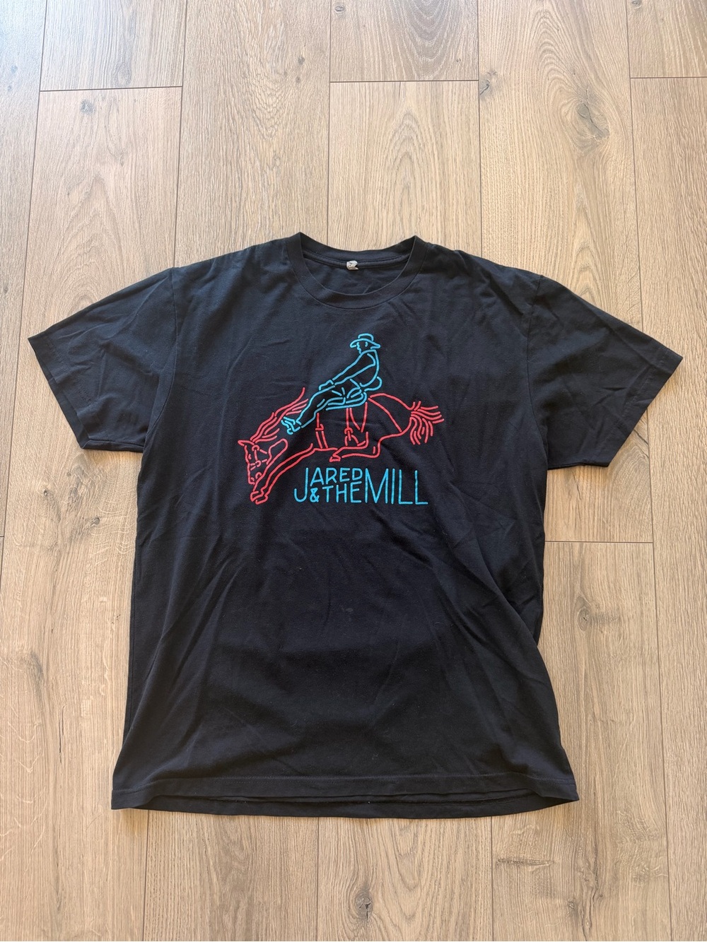 Black Graphic Tee - Jared and the Mill Neon Rodeo Design Size Large